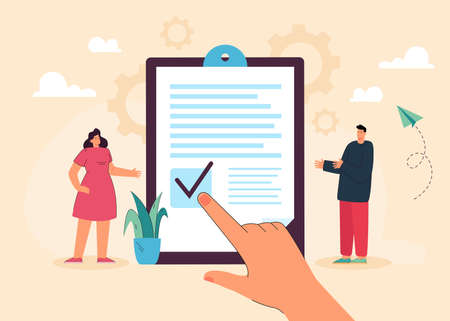 Control of legal principles and safety for tiny people. Man and woman standing near paper document with law assurance flat vector illustration. Privacy, data protection, company procedures conceptのイラスト素材