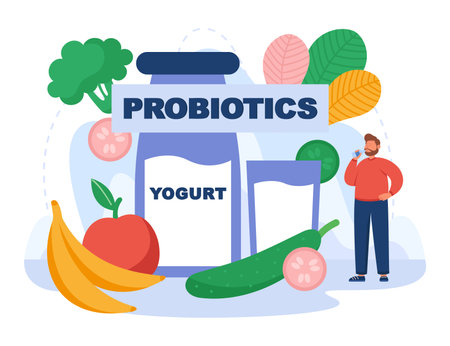 Tiny man drinking yogurt flat vector illustration. Vegetables, fruits, yogurt bottle and glass on background. Probiotics, healthy food and drink, diet culture, guts health, lifestyle conceptのイラスト素材