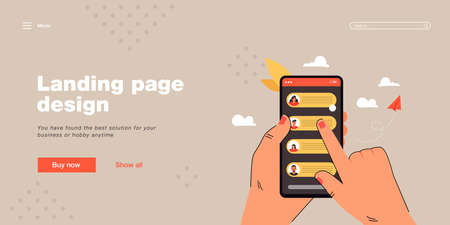 Hand holding mobile phone with chat messages on screen. Finger tapping telephone screen flat vector illustration. Texting with friends online. Smartphone, conversation conceptのイラスト素材