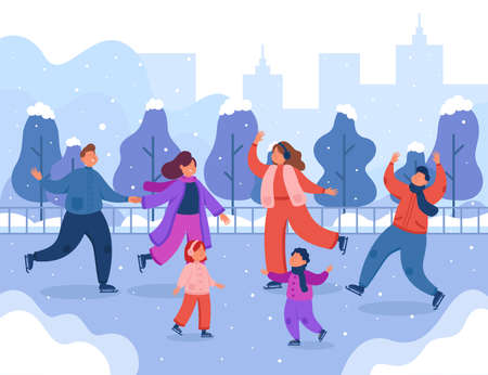 Adult men, women, and children in seasonal winter outerwear ice skating and having fun outdoors. People on ice skating rink flat vector illustration. Christmas, sport, family activity conceptのイラスト素材