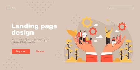 Hands holding team of tiny business persons. Social help or support for workplace community flat vector illustration. Employee care, wellbeing, people management concept for banner, website designのイラスト素材