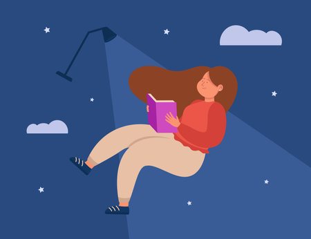 Girl reading book at night flat vector illustration. Happy woman absorbed in her book in darkness. Night time, reading, literature conceptのイラスト素材