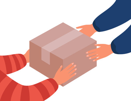 Object passed from hand to hand on white background. Carton box passing from one person to another flat vector illustration. Presenting gift, fast delivery, courier and client conceptのイラスト素材