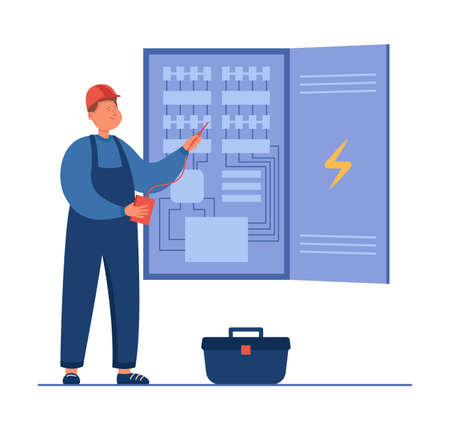 Cartoon electrician working with electric cabinet. Technician fixing electrical panel board, circuit breaker or fuse box flat vector illustration. Electricity, maintenance, service concept for bannerのイラスト素材