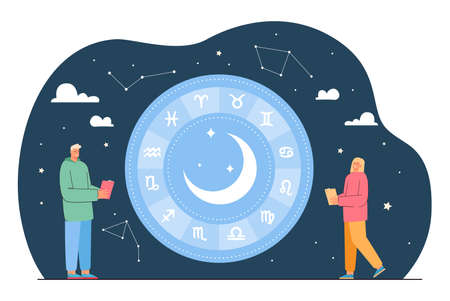 Man and woman looking at star signs in sky and reading horoscope. Tiny people and set of zodiac constellations flat vector illustration. Astrology and astronomy, esoteric ornaments design conceptのイラスト素材
