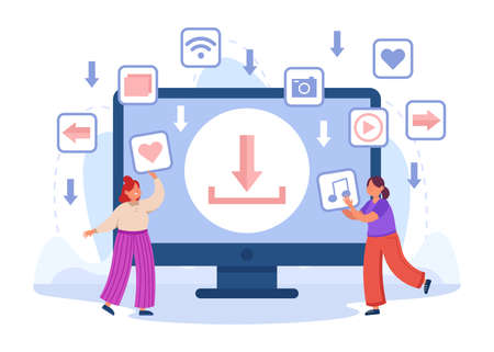 People in front of big computer screen sharing files. Download button, transfer of digital information, data, music, document flat vector illustration. Internet, piracy, multimedia concept for bannerのイラスト素材
