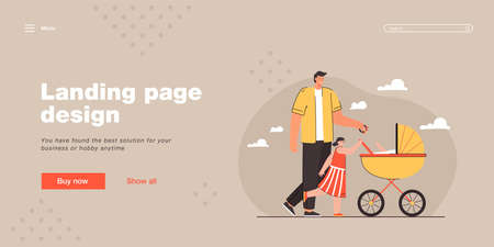 Father walking with his children. Flat vector illustration. Cartoon man with daughter and carriage with little baby inside spending time outdoors. Family, fatherhood, nature concept for banner designのイラスト素材