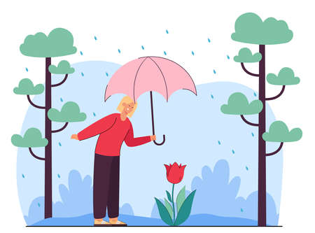 Woman looking at flower under rain. Female character walking in park with umbrella flat vector illustration. Outdoor activity, nature, leisure concept for banner, website design or landing web pageのイラスト素材