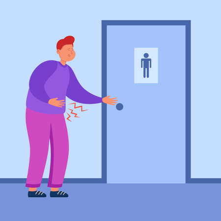 Cartoon man with stomachache standing in front of toilet door. Person with diarrhea needing to go to bathroom flat vector illustration. Hygiene, disease, health concept for banner or landing web pageのイラスト素材