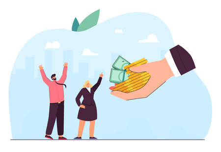 Salary offer from hand of employer to happy employees. Tiny rich corporate people enjoy money, profit growth and bonuses flat vector illustration. Incentive to work, satisfaction, investment conceptのイラスト素材
