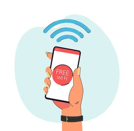 Hand holding smartphone with free WiFi symbol on screen. User accessing free network flat vector illustration. Internet, technology, connection concept for banner, website design or landing web pageのイラスト素材