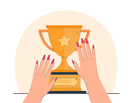 Female hands touching golden trophy. Gold cup with star and label, prize or award flat vector illustration. Success, achievement, competition concept for banner, website design or landing web pageのイラスト素材