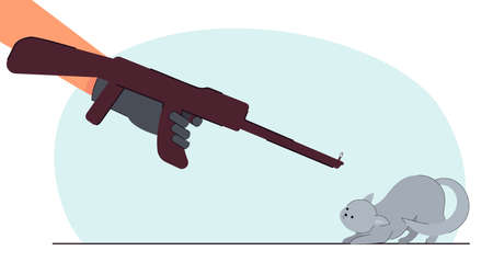 Hand holding rifle and aiming at scared stray cat. Person threatening kitten with gun flat vector illustration. Animal cruelty, violence concept for banner, website design or landing web pageのイラスト素材