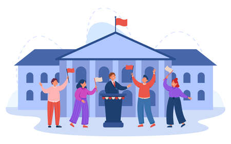 Minister or member of parliament giving political speech outside. People voting for politician or speaker in front of building flat vector illustration. Government, politics, democracy conceptのイラスト素材