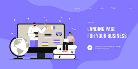 Tiny man learning foreign languages online. Flat vector illustration. Student sitting on giant books with computer, having lesson on Internet. Online education, studying, distance learning conceptのイラスト素材