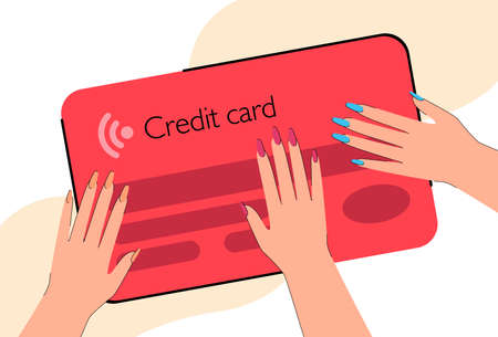 Female hands with painted nails touching giant credit card. People using card for payment flat vector illustration. Finances, shopping, commerce concept for banner, website design or landing web pageのイラスト素材