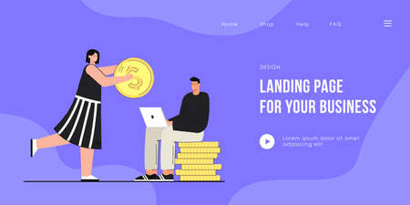 Young woman providing financial support to man with computer. Cartoon freelancer working on laptop and sitting on money pile while girl giving him gold coin. Finance, family, money, freelance conceptのイラスト素材
