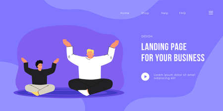 Cartoon father and son meditating. Flat vector illustration. Man and little boy doing yoga, sitting in lotus pose. Sport, healthy lifestyle, yoga, meditation, family concept for banner designのイラスト素材