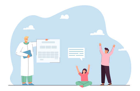 Doctor giving medical certificate to happy children. Tiny man holding paper document flat vector illustration. Healthcare, medicine for kids concept for banner, website design or landing web pageのイラスト素材