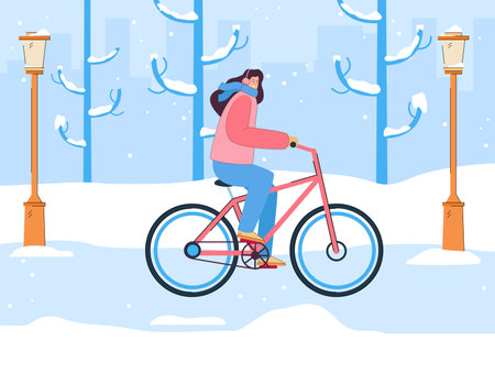 Female cyclist on snowy road in city. Girl riding bicycle in cold weather, street in winter flat vector illustration. Outdoor activity, seasons concept for banner, website design or landing web pageのイラスト素材