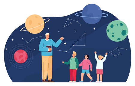 Male teacher telling kids about solar system in observatory. School trip to planetarium flat vector illustration. Education, astronomy, space concept for banner, website design or landing web pageのイラスト素材