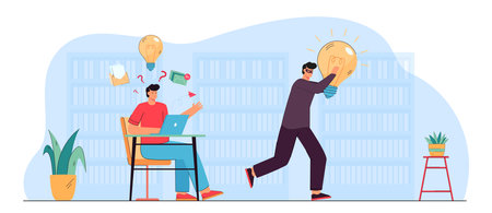 Thief or pirate stealing creative idea from man in library. Infringement of copyright, content theft flat vector illustration. Copyright, content piracy, plagiarism concept for banner, website designのイラスト素材