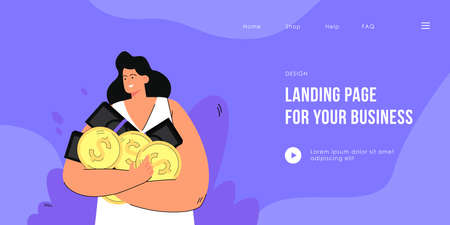Happy woman holding coins and banknotes in hands. Cartoon female person on pink background flat vector illustration. Money, wealth, finance for banner, website design or landing web page.のイラスト素材
