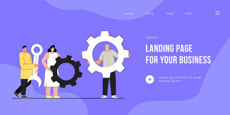 Colleagues holding gear-wheels and wrench. Tiny cartoon woman and men holding tools, working together. Teamwork, togetherness concept for banner, website design or landing web page.のイラスト素材