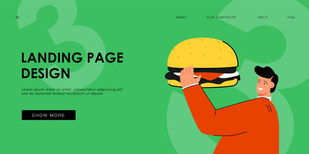 Tiny fat man holding hamburger flat vector illustration. Obesity, fast food, bad habit concept for banner, website design or landing web pageのイラスト素材