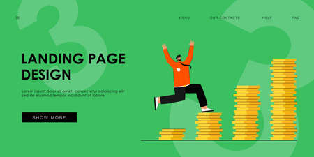 Successful man climbing higher on stack of gold coins. Male person achieving financial success flat vector illustration. Growth, wealth, money concept for banner, website design or landing web pageのイラスト素材
