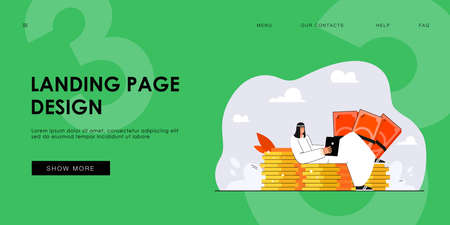 Rich Arab man lying on gold coins flat vector illustration. Successful businessman in national costume holding tablet and resting. Wealth, finance, money conceptのイラスト素材