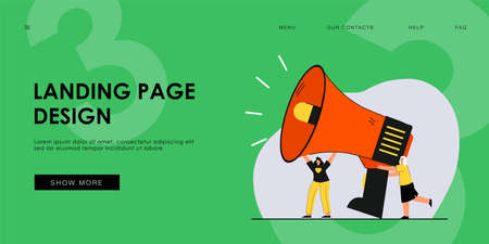 Tiny girls holding huge loudspeaker flat vector illustration. Announcement, protest, message, feedback concept for banner, website design or landing web pageのイラスト素材
