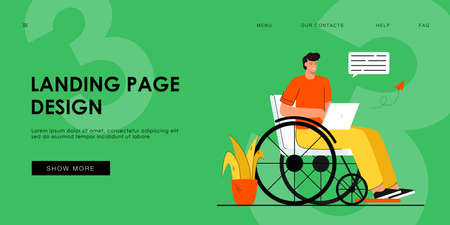 Man in wheelchair communicating online. Disabled male character holding laptop, sending messages, smiling. Modern technologies, internet concept for banner, website design or landing web pageのイラスト素材