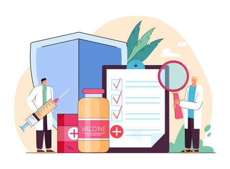 Tiny doctors standing with vaccine bottle and syringe injection. Medical people with big shield and prescription against virus flat vector illustration. vaccination, immunization, inoculation conceptのイラスト素材