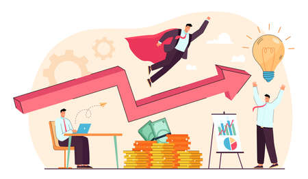 Businessman superhero flying above rising profit chart. Tiny business people working on career growth and new ideas flat vector illustration. Success in startup venture, entrepreneurship conceptのイラスト素材