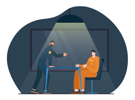 Interrogation of suspect criminal by detective in police office. Cop interrogating prisoner in dark room under light of lamp flat vector illustration. Psychology of crime, investigation conceptのイラスト素材