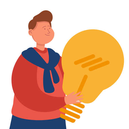Happy creative business person holding big lightbulb. Young male cartoon character searching for ideas flat vector illustration. Brainstorm, electricity, creativity concept for banner, website designのイラスト素材