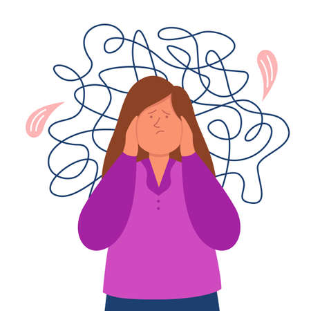 Nervous woman thinking about trauma or having headache. Sick girl with anxiety or neurosis, mental breakdown, panic, chaos, despair flat vector illustration. Mental health, stress, depression conceptのイラスト素材