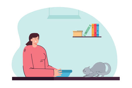 Female character with bowl in hands and cat asking for food on table. Woman feeding her pet flat vector illustration. Pet care, friendship concept for banner, website design or landing web pageのイラスト素材