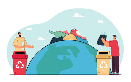 Men holding glass and paper and sorting garbage on polluted planet background. People caring about environment flat vector illustration. Recycling concept for banner, website design, landing web pageのイラスト素材