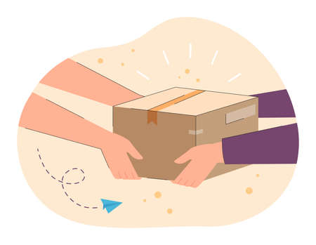 Hands of courier passing package to hands of customer. Person delivering gift or object in carton box flat vector illustration. Delivery, mail concept for banner, website design or landing web pageのイラスト素材