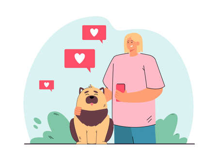 Cheerful girl with cute dog getting like notifications. Woman posting pictures of puppy online flat vector illustration. Pets, social media concept for banner, website design or landing web pageのイラスト素材
