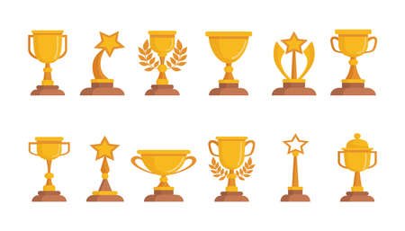 Golden trophies of different shapes vector illustrations set. Gold cups for winners of sports competition, awards or prizes isolated on white background. Competition, success, achievement conceptのイラスト素材