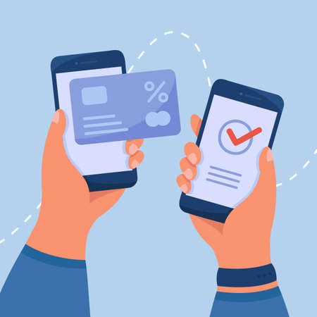 Hands of mobile bank customer sending money from credit card. Money transaction from digital wallet flat vector illustration. Payment, online banking concept for banner, website design or landing pageのイラスト素材