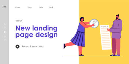 Man and woman going shopping vector illustration. Male character holding shopping list, female giving money to him. Holding dollar coin. Shopping concept for banner, website design or landing web pageのイラスト素材