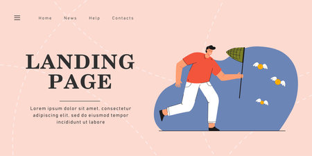 Man catching winged coins with butterfly net. Flat vector illustration. Male cartoon character achieving financial goal, attracting investments, saving money. Business, success, money conceptのイラスト素材