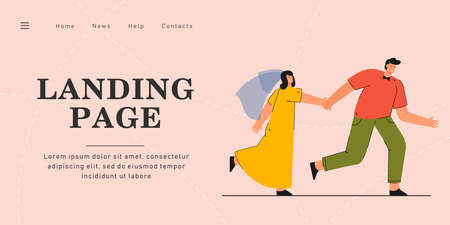 Happy bride and groom running, holding hands. Flat vector illustration. Cartoon woman in white dress...