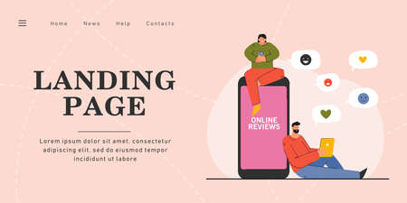 Man and woman checking online reviews. Flat vector illustration. Cartoon tiny people sharing and...