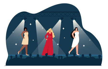 Female models showing dresses on catwalk with spotlights. Presentation of glamorous clothes in front of audience by elegant girls flat vector illustration. Fashion industry, beauty show event conceptのイラスト素材