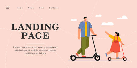 Happy father and daughter riding scooters. Sky, clouds in background. Dad and little girl walking, spending time together flat vector illustration. Parenthood, activity, togetherness concept.のイラスト素材